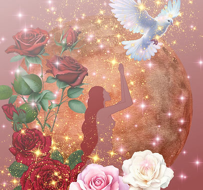 A woman praying to the sky, calling in ancient rose lineages and freedom. Behind her shines a large strawberry full moon. Above, a turtle dove with outstretched wings, like the Holy Spirit, symbolizes activation of the divine feminine, peace, and liberation.