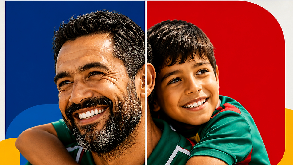 Un papá con su hijo, viendo el futbol, felices, festejando