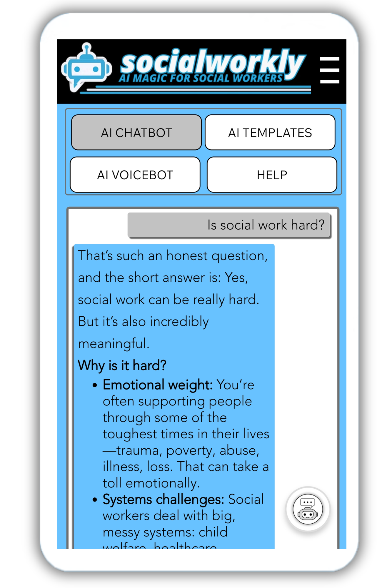 The socialworkly and social work magic chatbot now known as MagicChat that is an AI social work tool that can give social work documentation tips on how to write ethical case notes