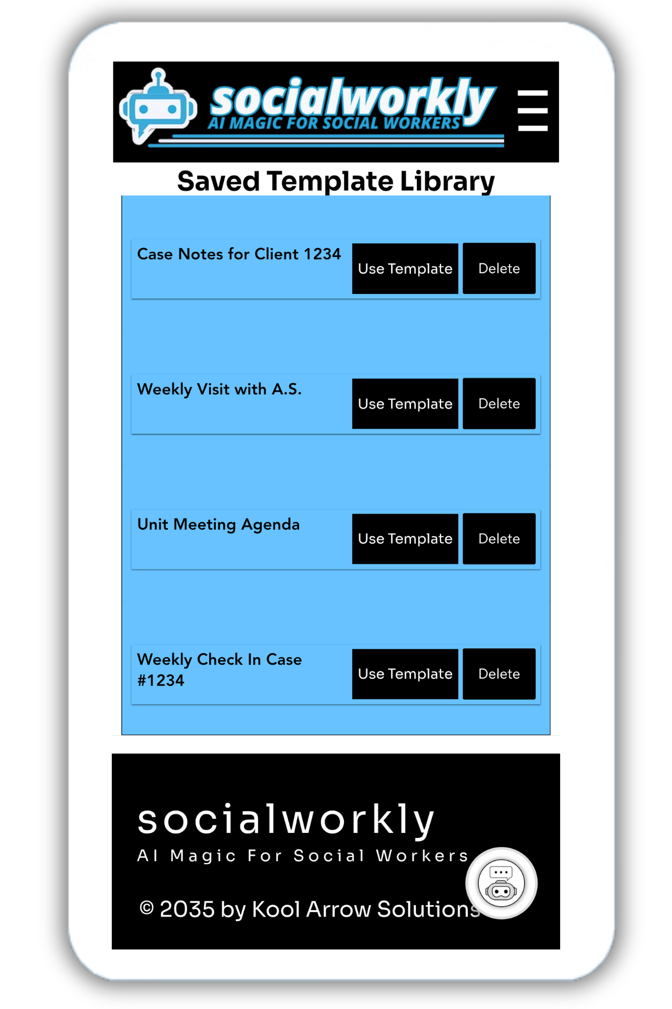 the socialworkly social work magic AI tool provides a saved template library for customized and personalized AI prompts and searches