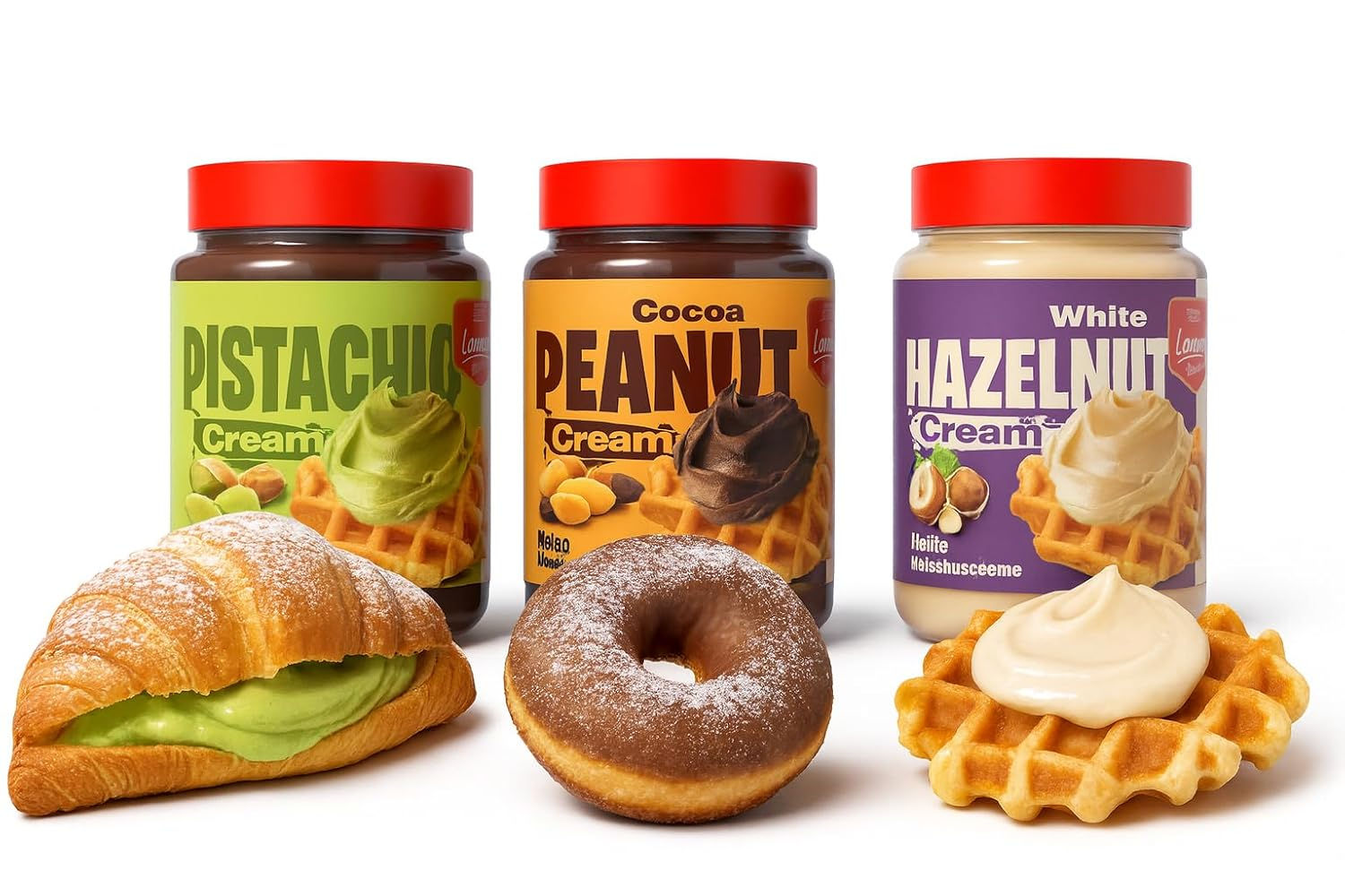 Pistaziencreme, Weiße Haselnusscreme und Erdnusscreme mit Kakao (3x400g)