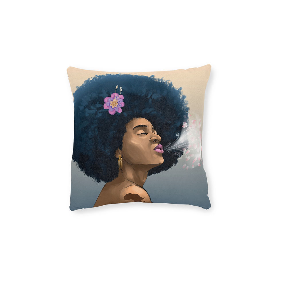 Simply Thea "Afro Soul" cushion featuring a soulful portrait of a woman with a purple flower in her hair.