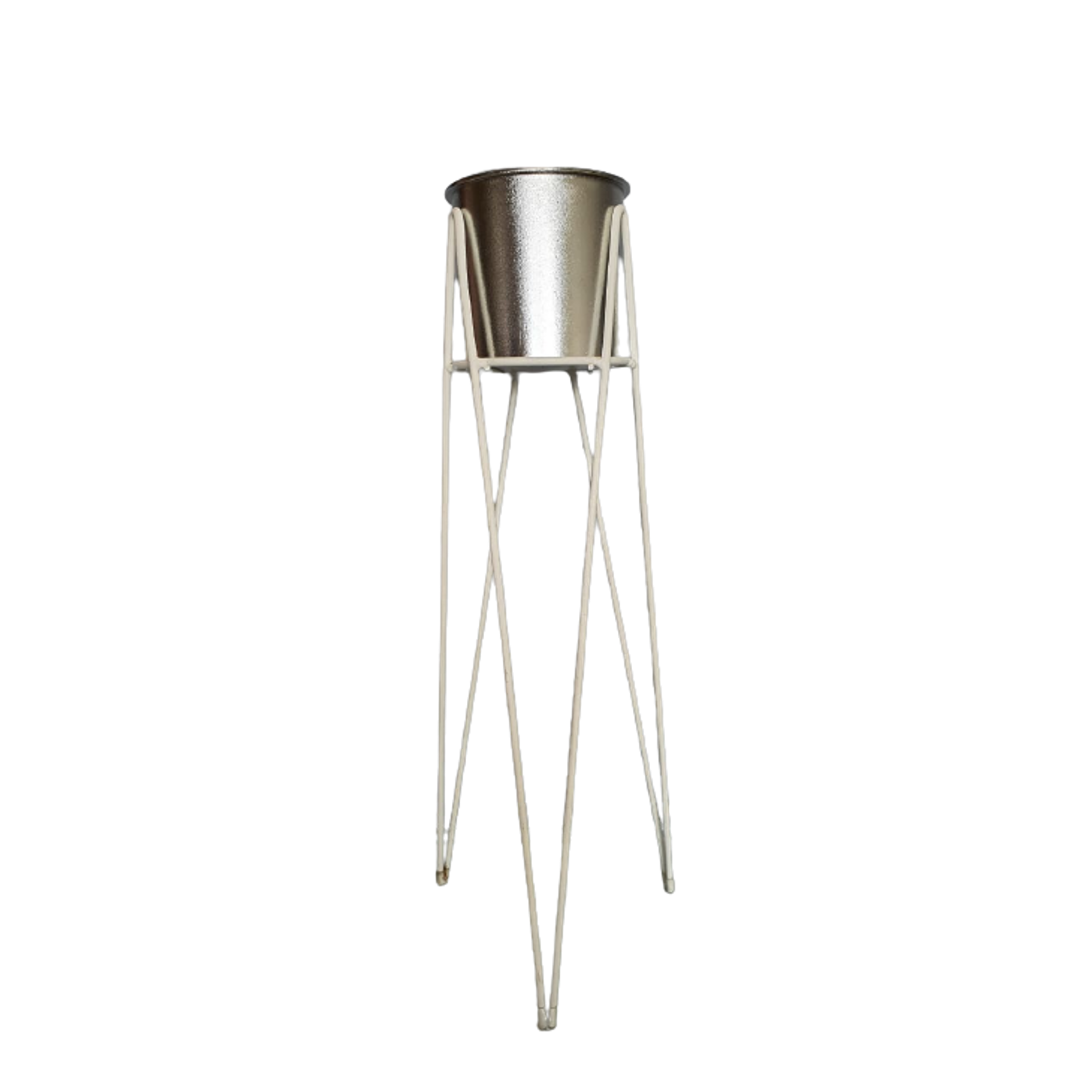 Kit Tripe De Ferro Branco + Cachepot Em Plástico Prata