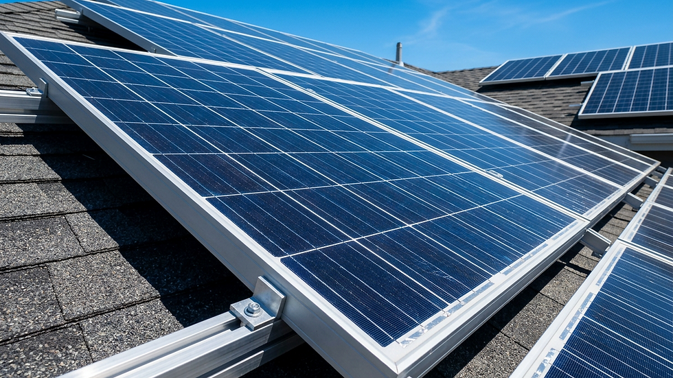 Close-up view of solar panels installed on a rooftop with clear blue sky