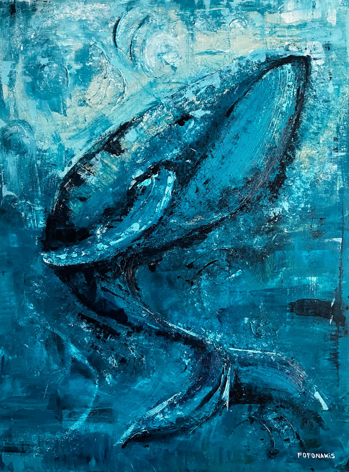 Blue whale in the sea - acrylic traditional painting on canvas