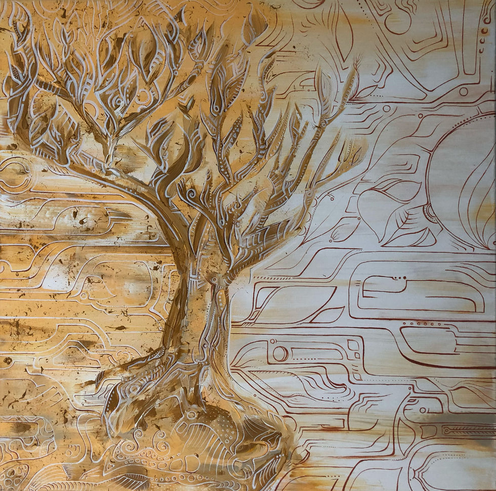 Carved tree art with lines for details and big brushstroke. Nature -Inspired Abstract Art, brown and beige color.