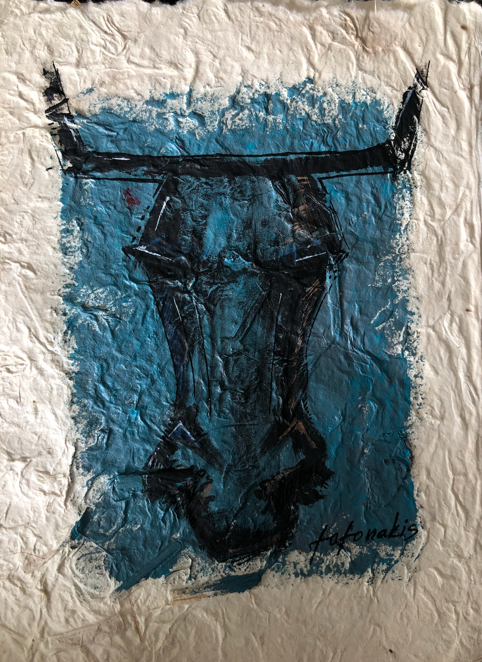 Abstract painting of a dark Kuker mask figure on a blue background, Philipa-atelier art.