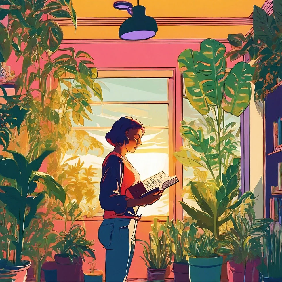A vibrant photo of a person holding a book while standing in a sunlit room filled with plants, their face illuminated by a natural glow, capturing the joy and contentment that comes from indulging in the simple pleasures of reading surrounded by nature.