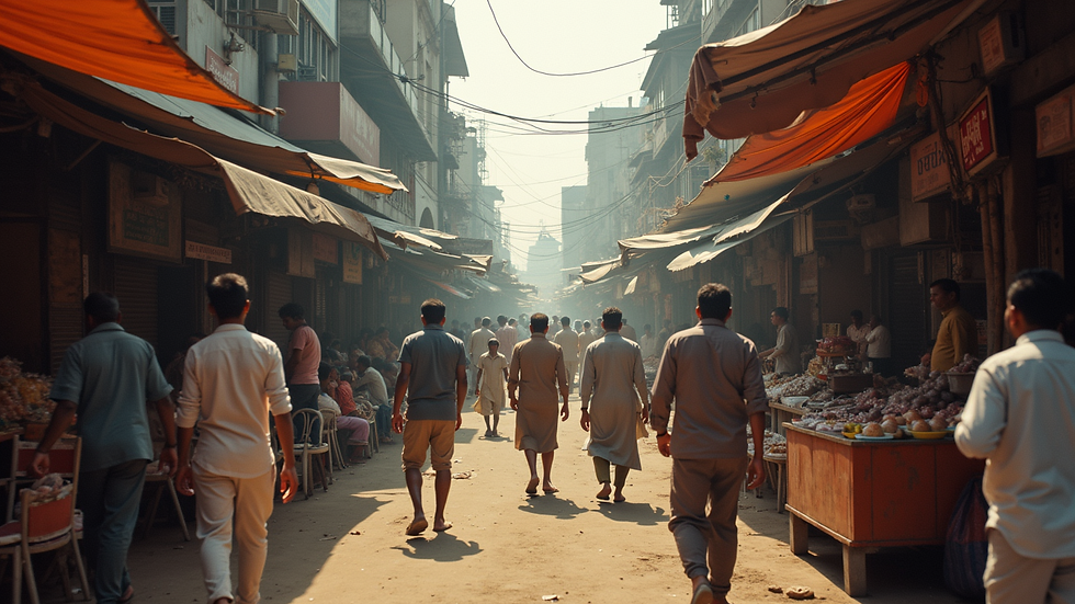 Wide angle view of the bustling Maurya Lok market in Patna
