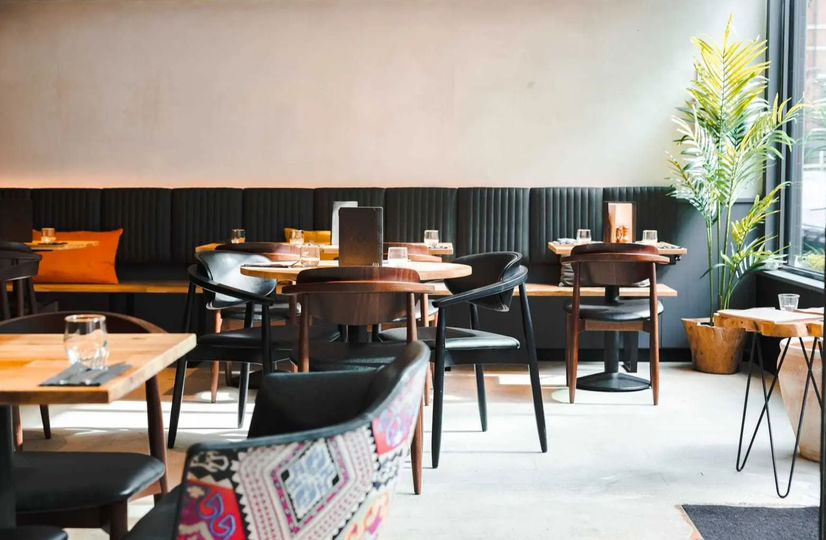 Modern café design with sustainable materials and open seating layout