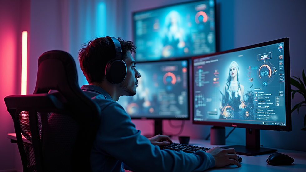 Eye-level view of a gamer immersed in a virtual world