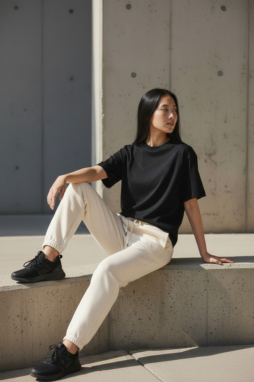 Young woman in black t-shirt and light joggers