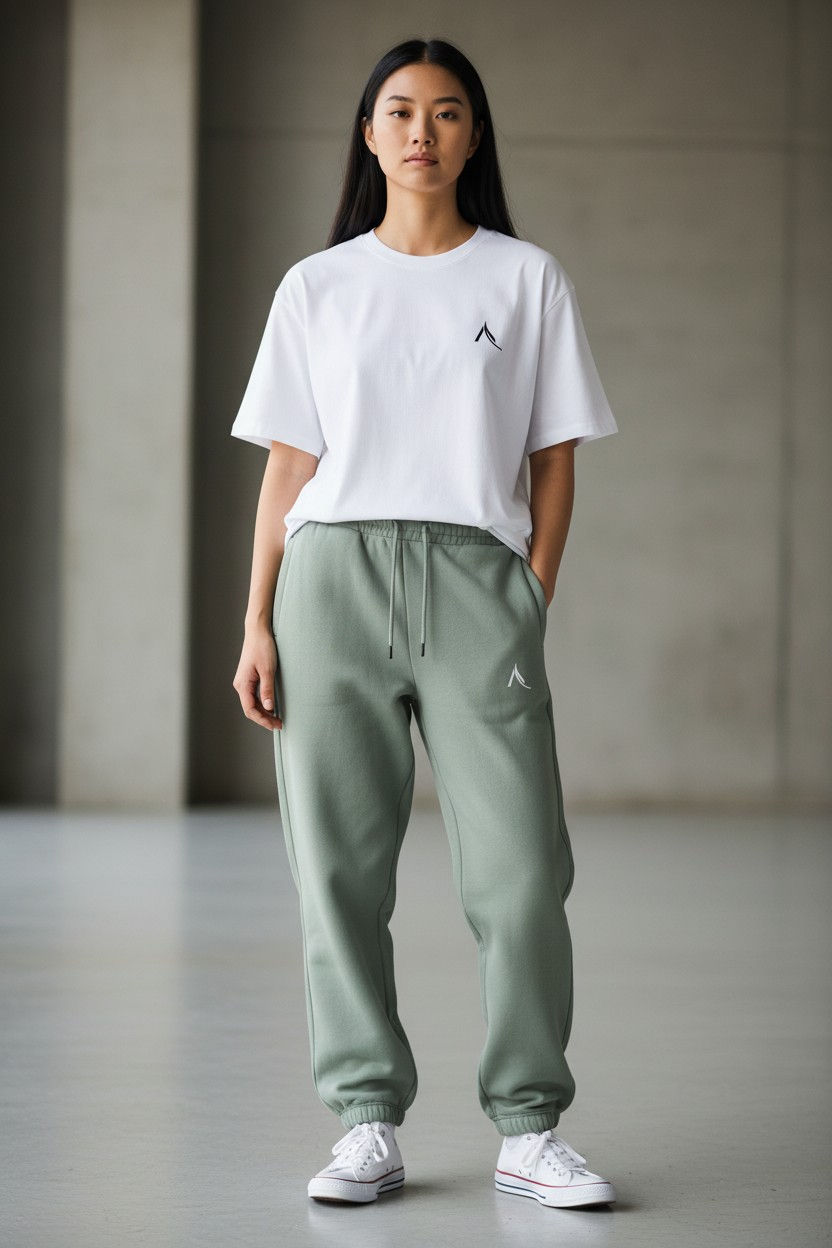 Model wearing Adelphi Essential white t-shirt and green sweatpants