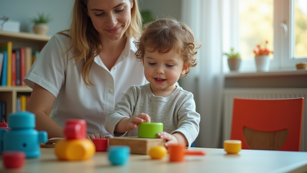 High angle view of a child practicing motor skills with a therapist in a playroom