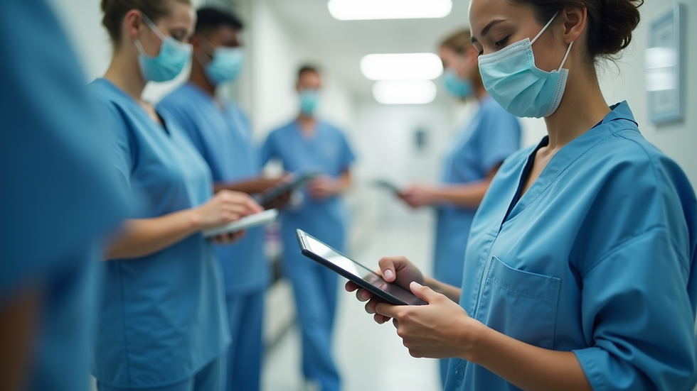 Eye-level view of a caregiver using a tablet in a clinical setting