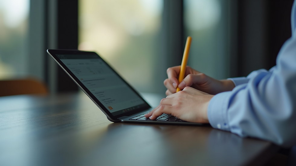 Close-up view of a person taking an online exam on a tablet