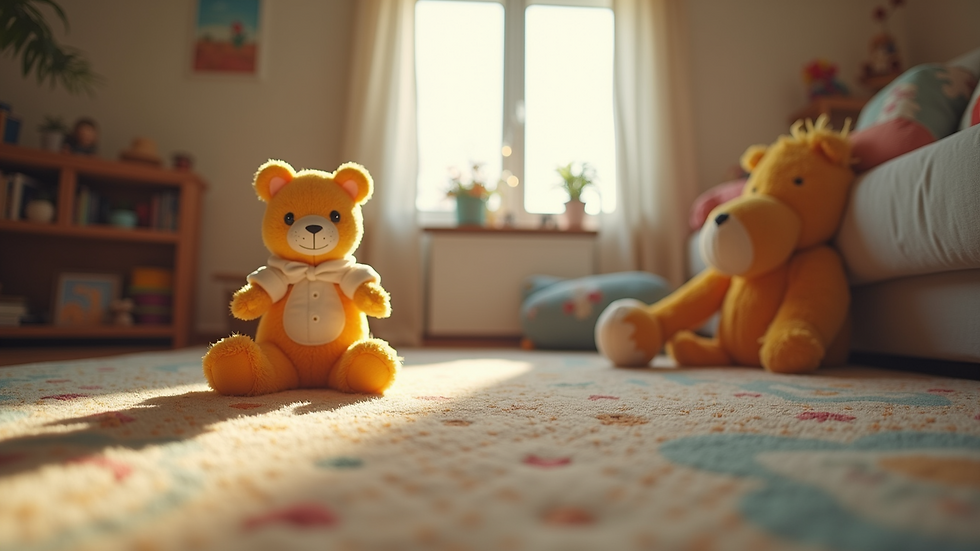 Eye-level view of a cozy living room filled with children's toys
