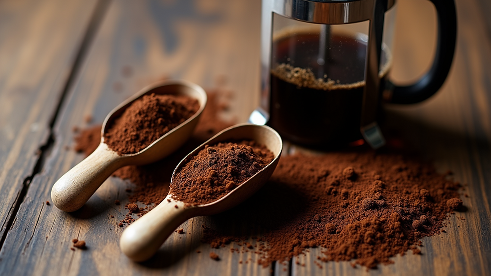 High angle view of coffee scoops with ground coffee next to a French press