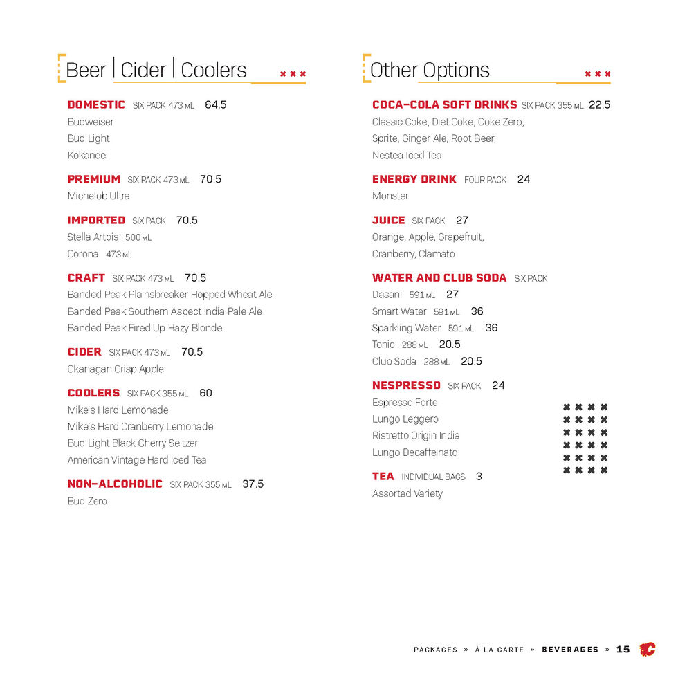 2021-22 Calgary Flames Executive Suites Menu