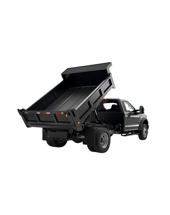 A black truck with a black metal dump flatbed raised in the air.