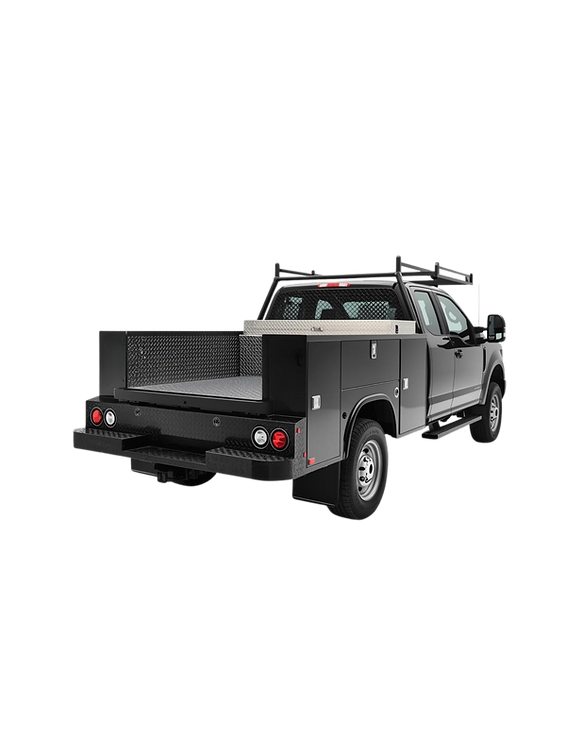 A black pickup truck with a black metal utility flatbed.