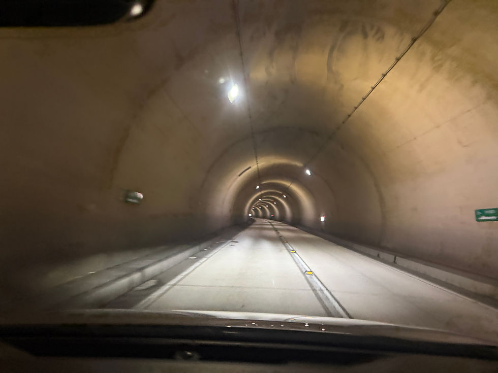 車内から見た照明付きの長いトンネル。中央の車線を走行中で、白い路面と緑の標識が見える。静かな夜の雰囲気。