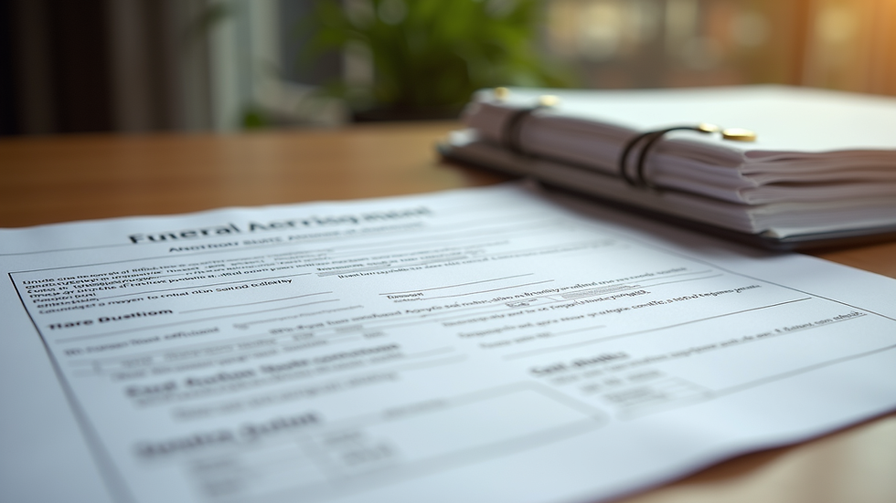 Close-up view of official documents related to funeral arrangements on a wooden table