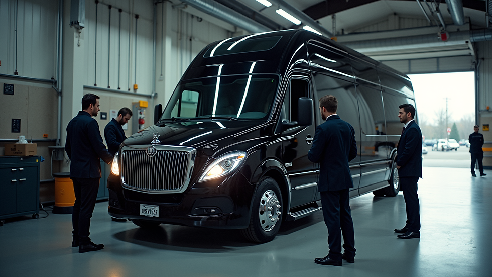 High angle view of a professional staff preparing a hearse vehicle for long-distance transport
