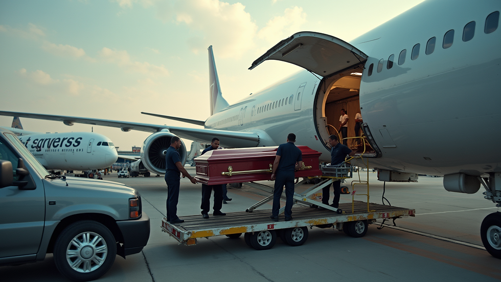 High angle view of airplane cargo loading with staff handling coffin