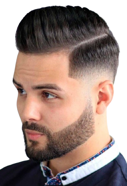 Side profile of a man with a clean fade haircut, sharp side part, and neatly shaped beard