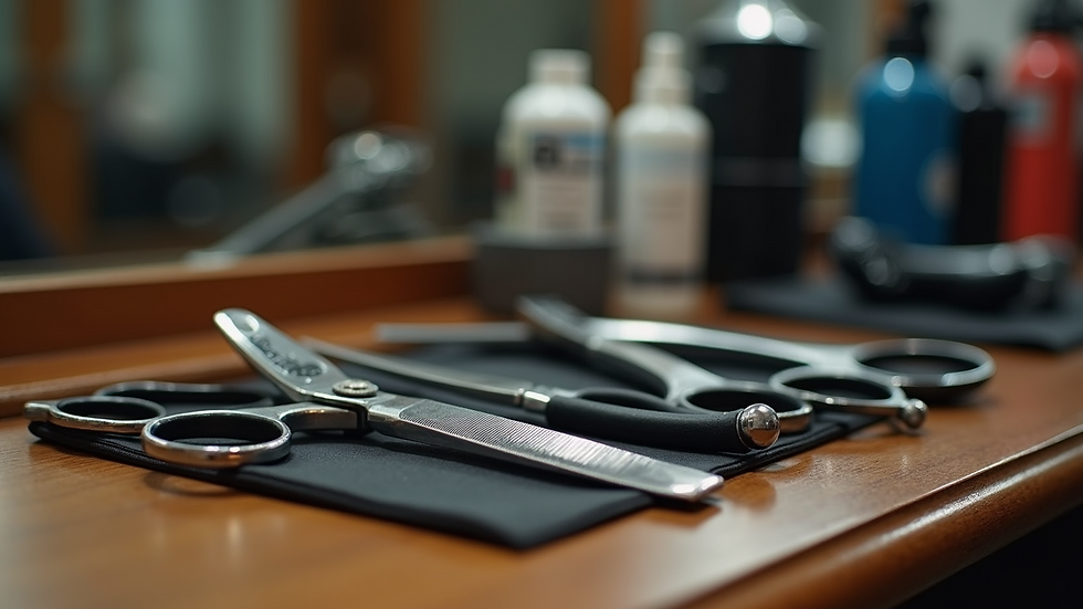 Close-up view of barber tools arranged neatly on a wooden counter