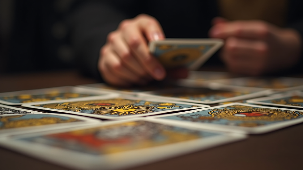 Close-up view of tarot cards being shuffled on a table