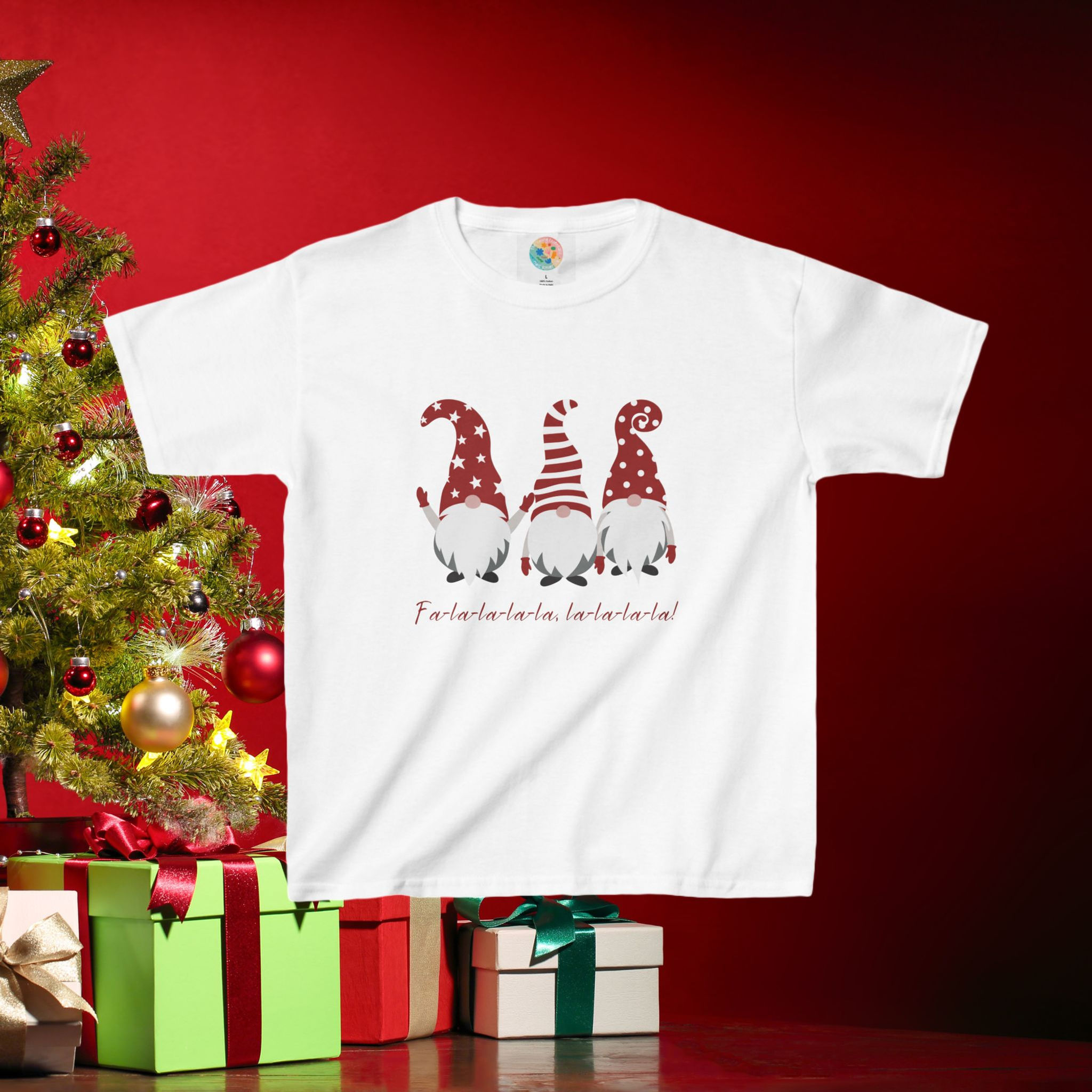 Christmas Singing Gnomes Kids Tee, Red Holiday Shirt for Children