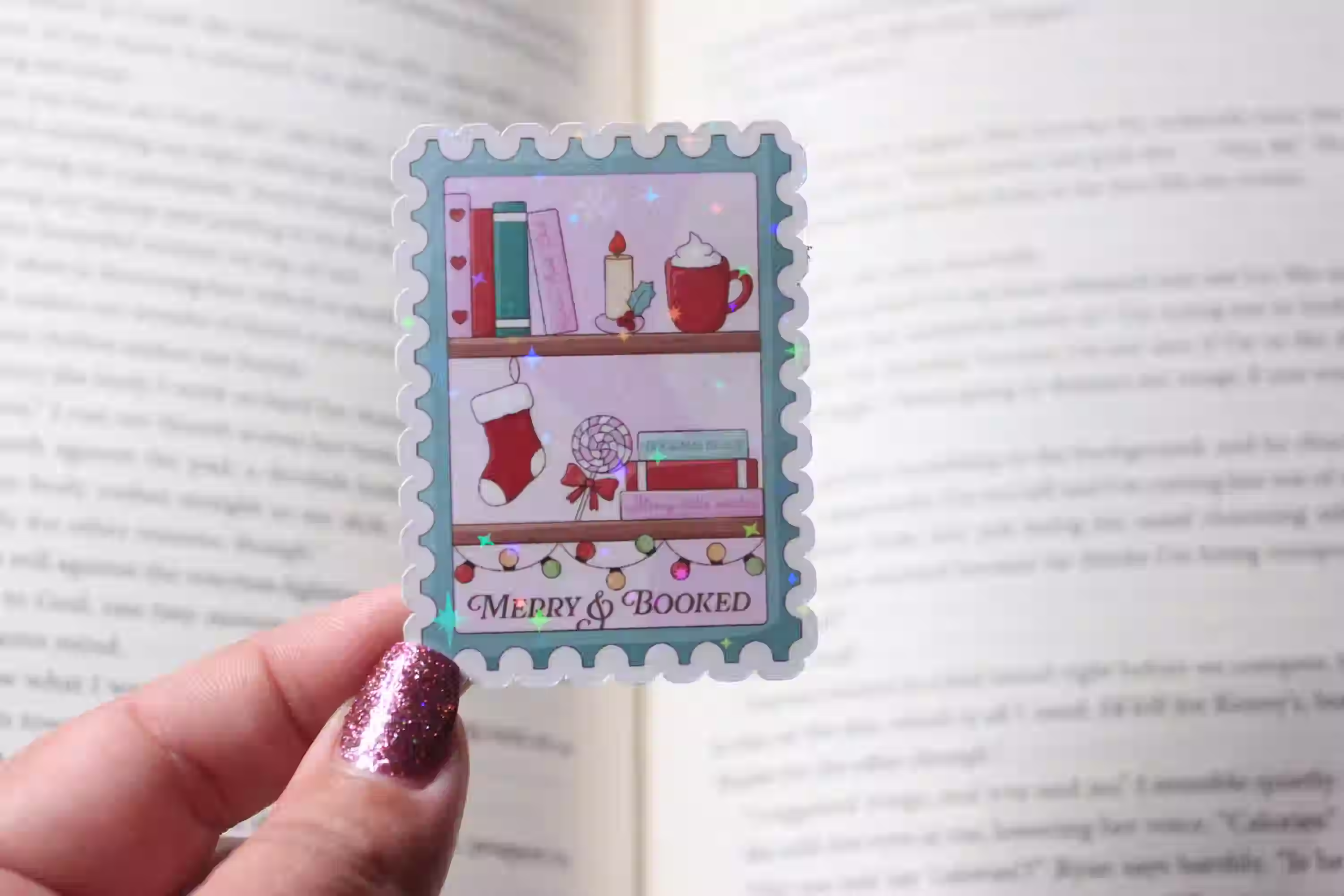 Merry & Booked Stamp Sparkly Sticker