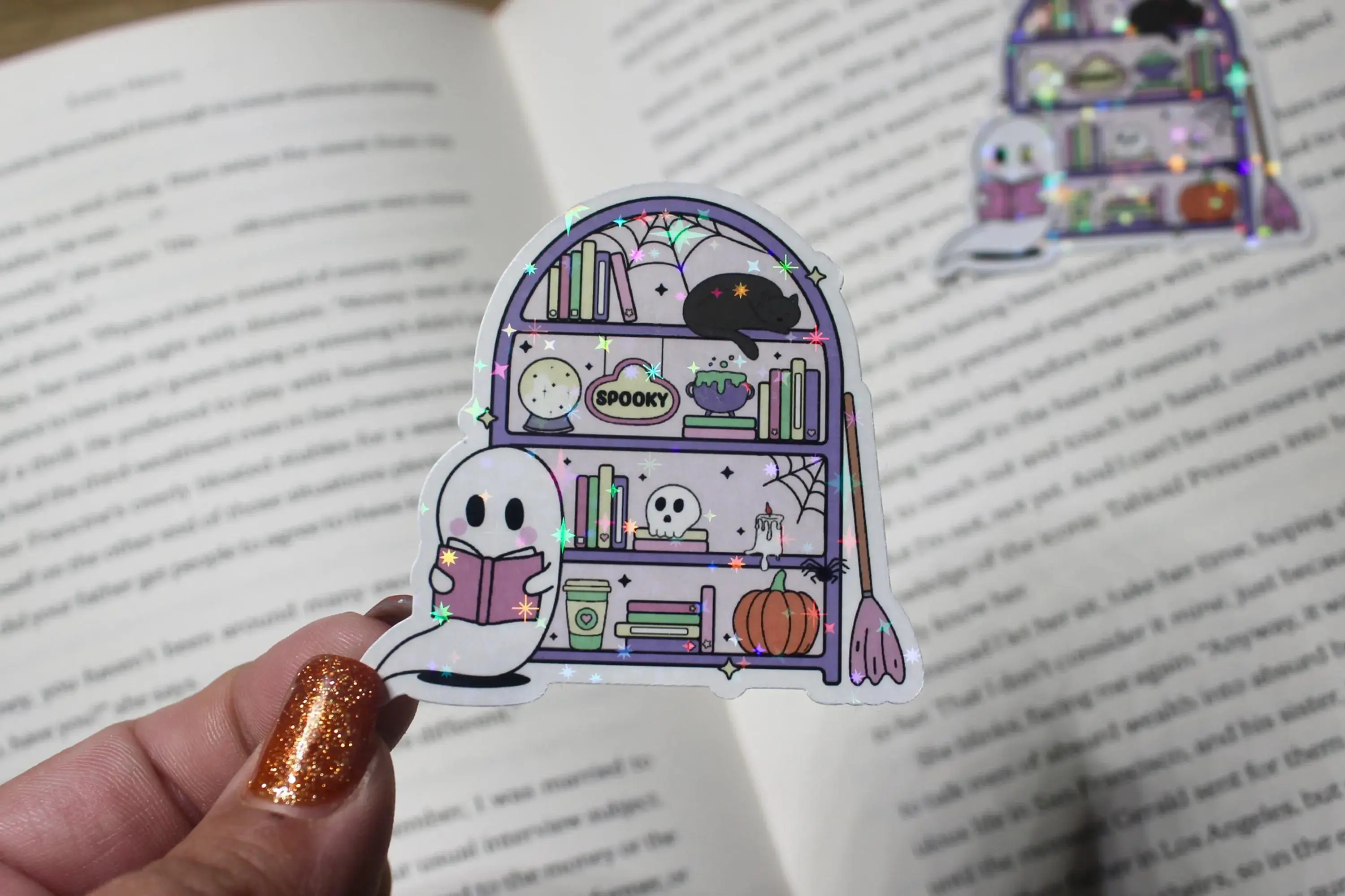 Ghost Reading Bookshelf Sparkly Sticker