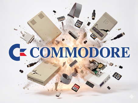 Amiga & Commodore 64 drives exploding from a Commodore logo