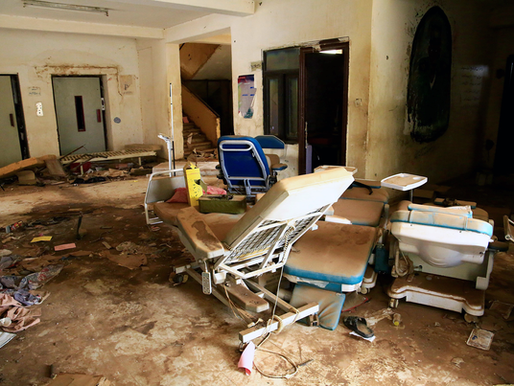 Damaged hospital building in Darfur after airstrike