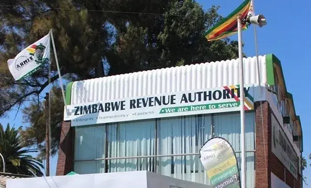 A building with Zimbabwe Revenue Authority signage, flags waving. Texts: "Integrity, Transparency, Fairness" and "We are here to serve."