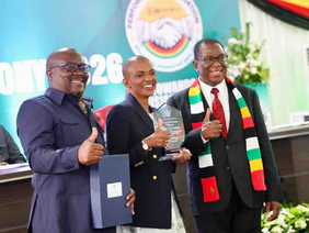 Tourism Minister Barbara Rwodzi has been named the best-performing cabinet minister in Zimbabwe for 2025 with her trophy and president ed mnangagwa