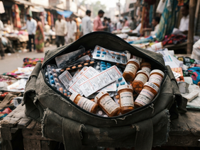 Unregulated prescription medication blister packs displayed for sale outside formal pharmacy channels.