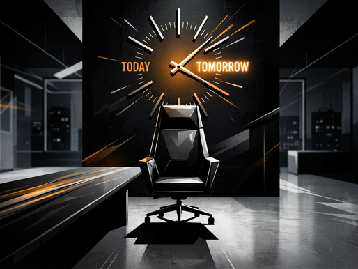 An abstract high-contrast conceptual graphic showing a large empty boardroom chair under a ticking clock pointing toward "Tomorrow".