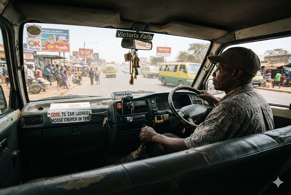 Interior perspective of a Zimbabwean kombi commuting during the morning rush hour.