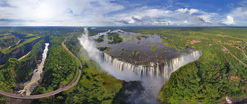 “Victoria Falls waterfall on Zimbabwe Zambia border aerial view”