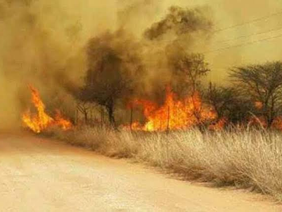 Veld fire burns dry grass in rural Buhera, Zimbabwe.