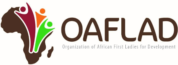 Brown map of Africa with colorful figures and text: OAFDAD, Organization of African First Ladies for Development.