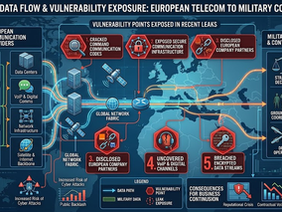 A strategic infographic illustrating the flow of digital data from European telecommunication providers to military command and control centers, highlighting the vulnerability points exposed in recent leaks.