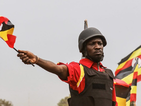 Ugandan opposition leader Bobi Wine speaking at a rally
