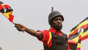 Ugandan opposition leader Bobi Wine speaking at a rally