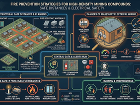 A technical infographic showing fire prevention strategies for high-density mining compounds, illustrating safe distances between structures and the dangers of makeshift electrical wiring.