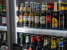 Beer fridge in a bar.